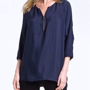 VINCE • QUARTER / HALF ZIP 100% SILK BLOUSE NAVY BLUE SIZE M